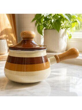 Levcoware Mid-Century Modern Fondue Pot With Lid & Wooden Handle Brown/Yellow St